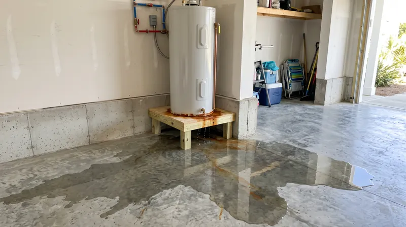 Water spreading across a sealed garage floor from under a leaking water heater