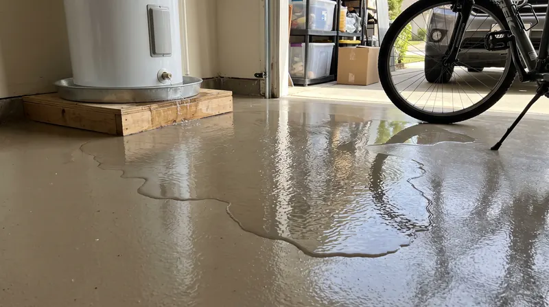 Water spreading across a sealed garage floor from under a leaking water heater