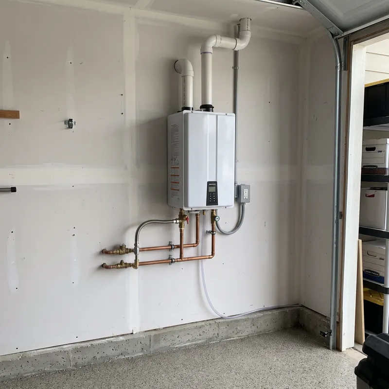 Wall-mounted tankless water heater with copper water lines and vent pipes