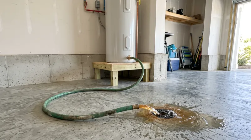 Hose running from a water heater drain valve to a garage floor drain