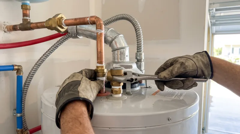 Gloved hands using a wrench to replace the relief valve on top of a water heater