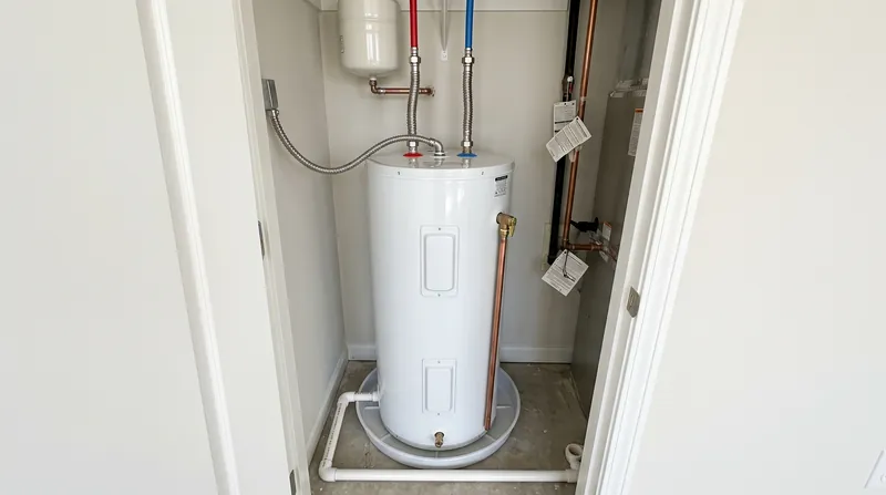 Newly installed water heater in a townhouse utility closet with a drain pan and white PVC drain line